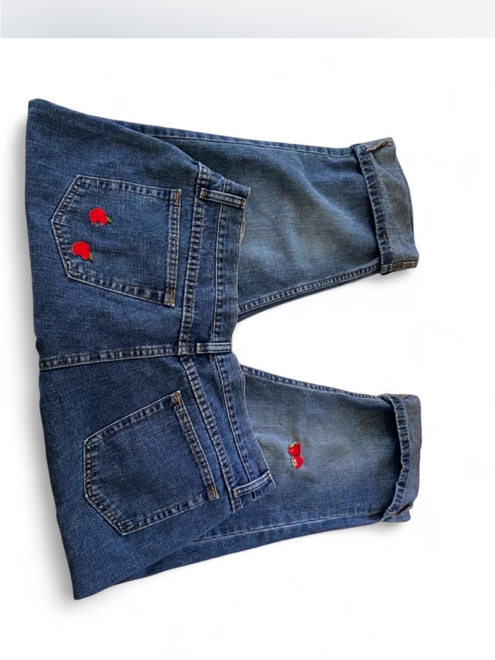 Blue Denim Capris with Fruit Embroidery